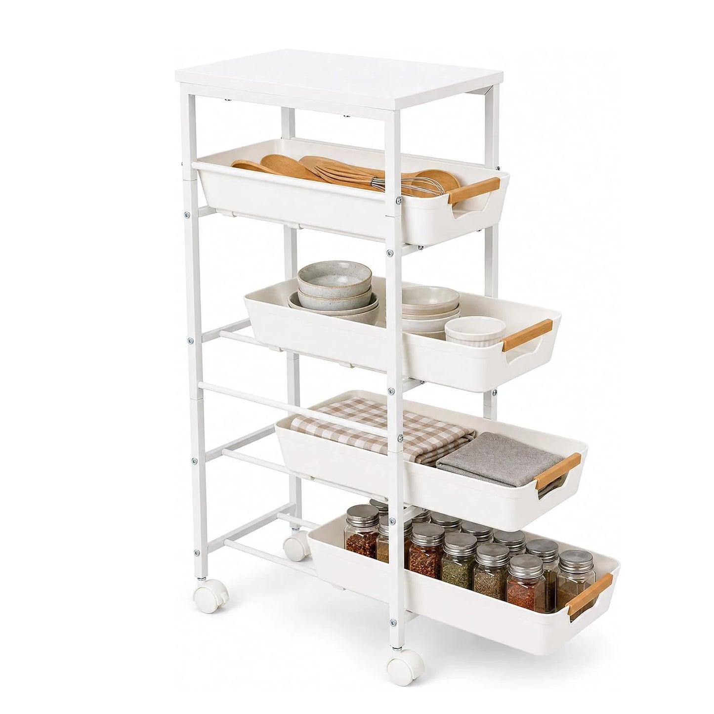 HiMISS 5 Tier Slim Rolling Storage Cart Wooden Top Organizer