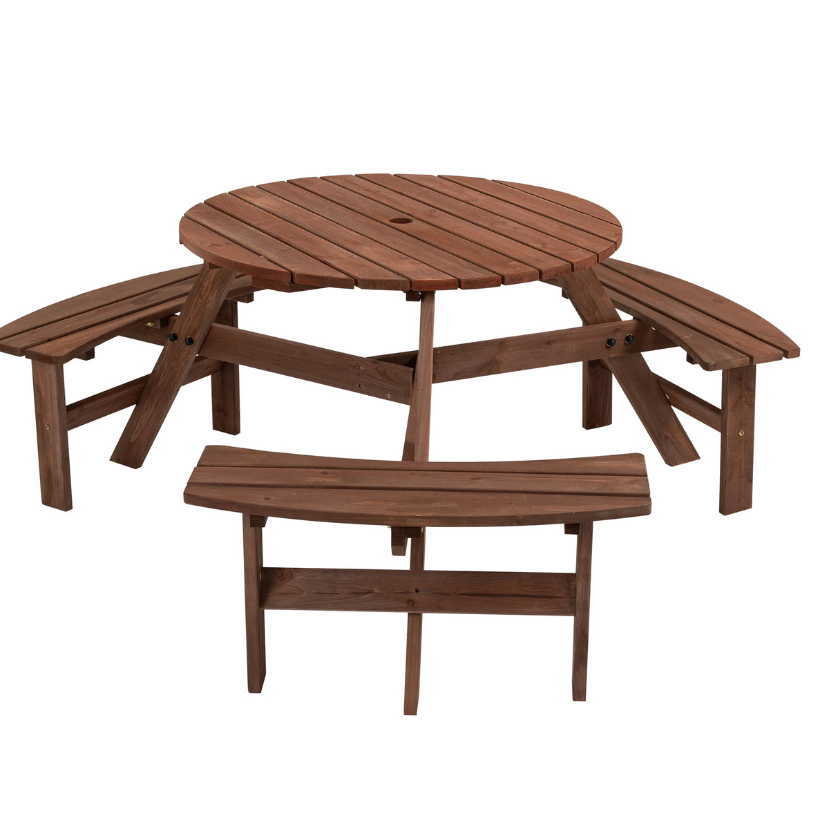 Solid Acacia Wood Round Outdoor Picnic Table With Curved Benches