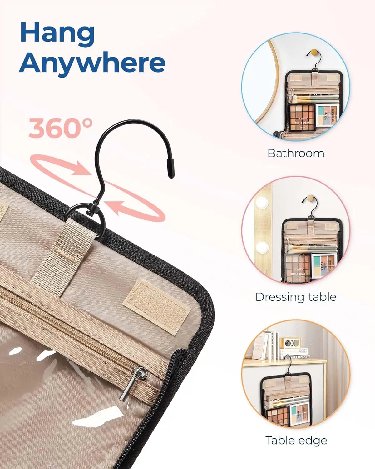 Makeup Organizer Bag With Hanging Hook Portable Large Capacity Cosmetic Case