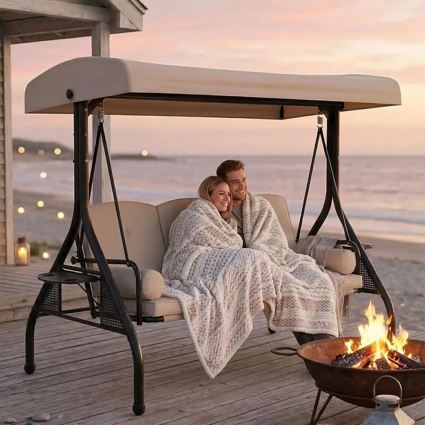 Porch Swing With Stand And Adjustable Canopy For Outdoor Patio