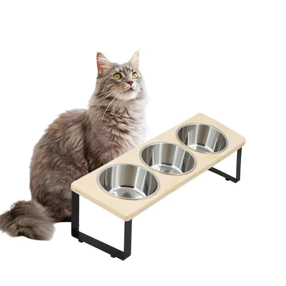 Elevated Cat Feeder With Bamboo Stand And Stainless Steel Bowls