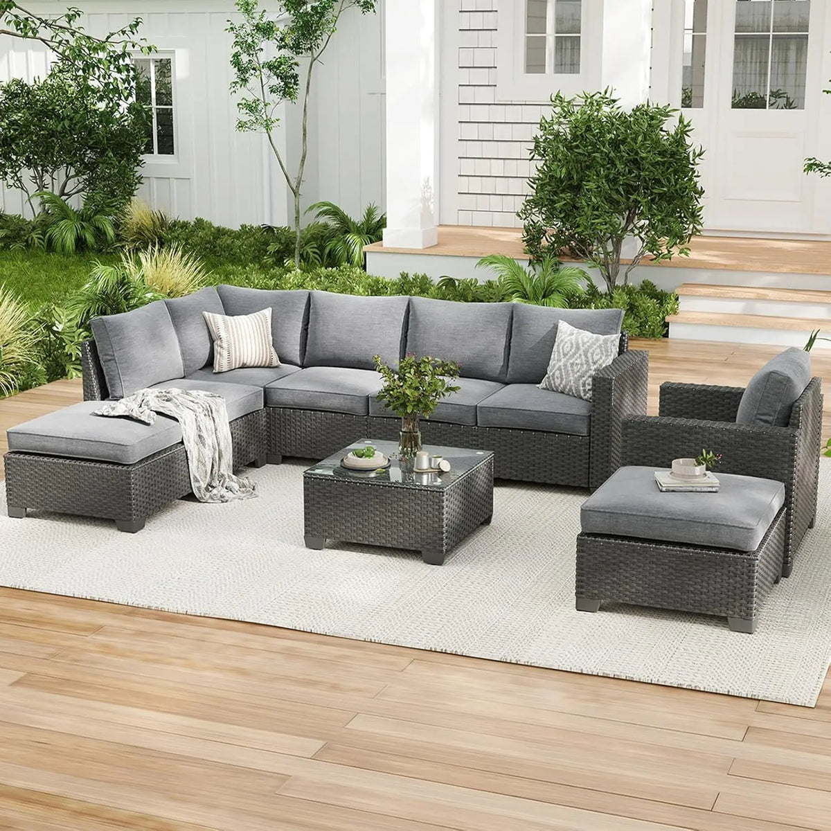 Outdoor Patio Sectional Sofa Set With Ottoman And Cushions