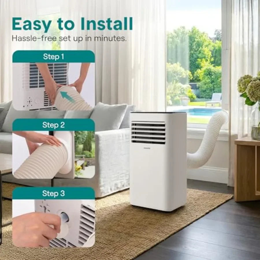 Portable AC unit for rooms up to 350 sq ft, plastic housing, white, 8, 000 BTU with built-in dehumidifier, WiFi app and remote