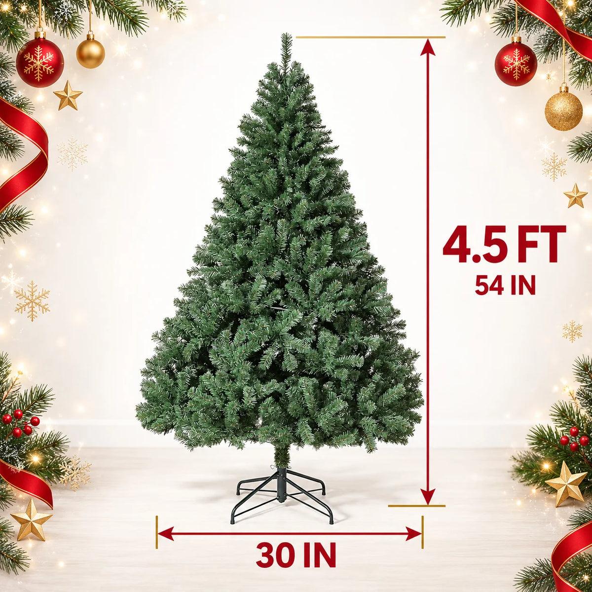 Artificial Christmas Tree 4.5FT 6 FT 7.5FT Unlit Green Spruce Tree with 1450 Realistic Branch Tips Hinged Metal Trunk Collapsible Stand Carry Bag Holiday Decor