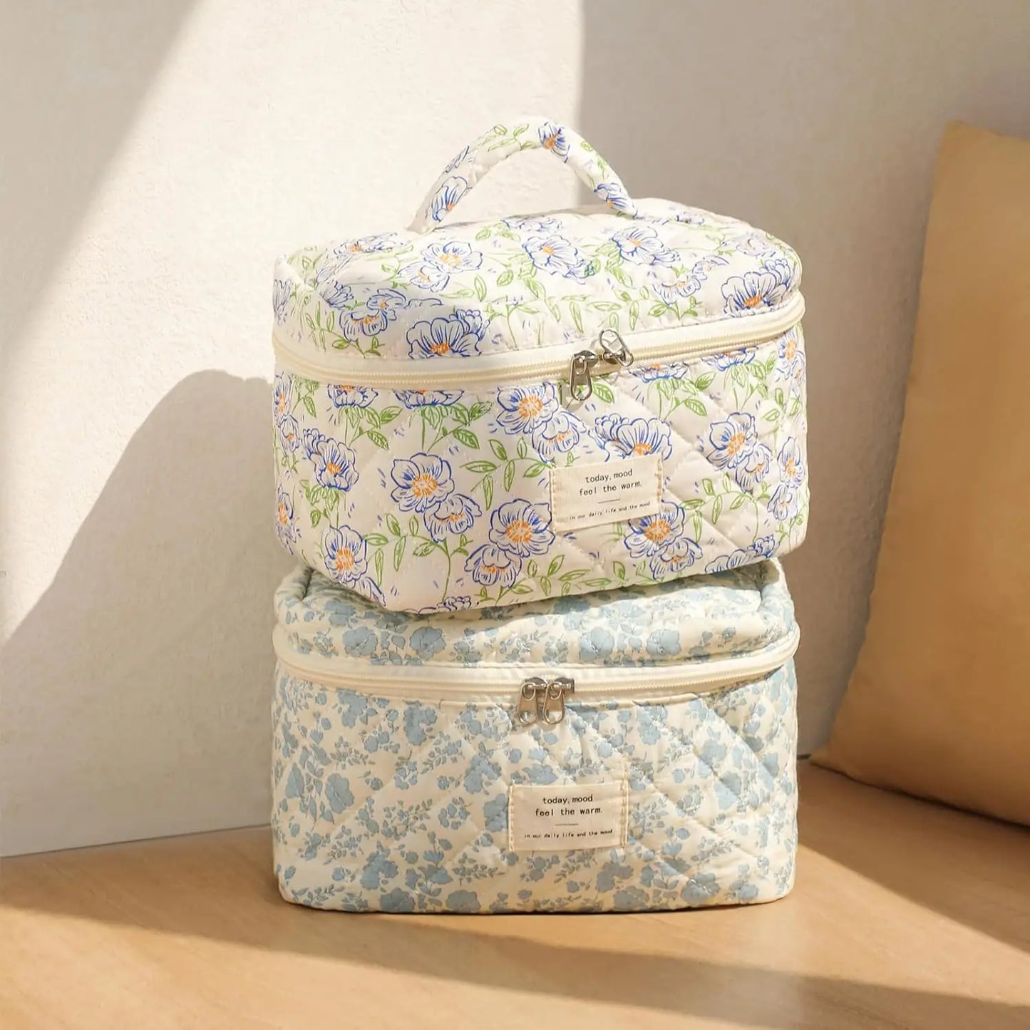 Quilted Floral Travel Makeup Bag Cotton Cosmetic Organizer