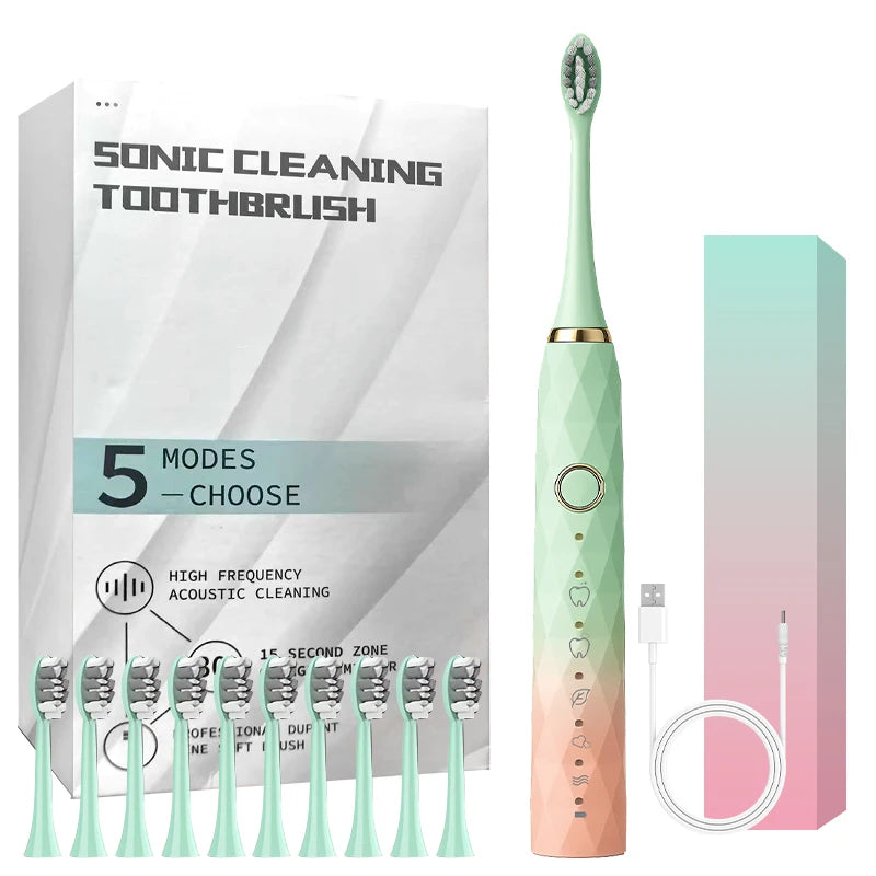 Electric Toothbrush Rotary Cleaning With Timer USB Rechargeable 10 Heads
