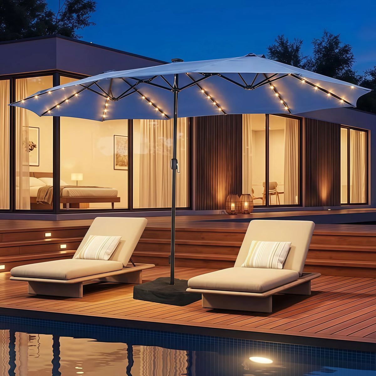 AOXUN Double Sided Patio Umbrella With Base And LED Lighting