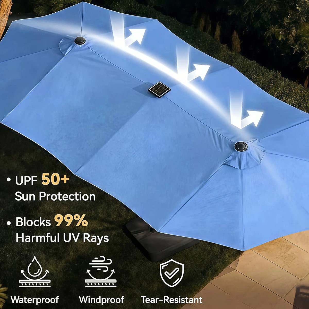 AOXUN Double Sided Patio Umbrella With Base And LED Lighting