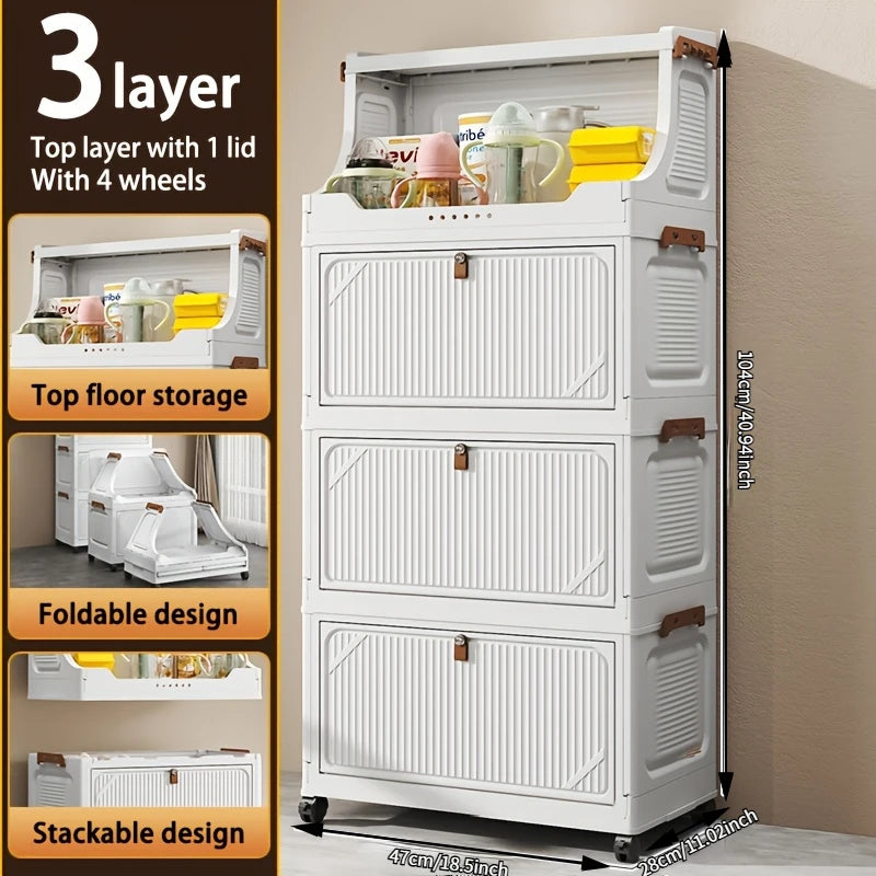 Onenoble Foldable White Storage Cabinet With Lockable Wheels