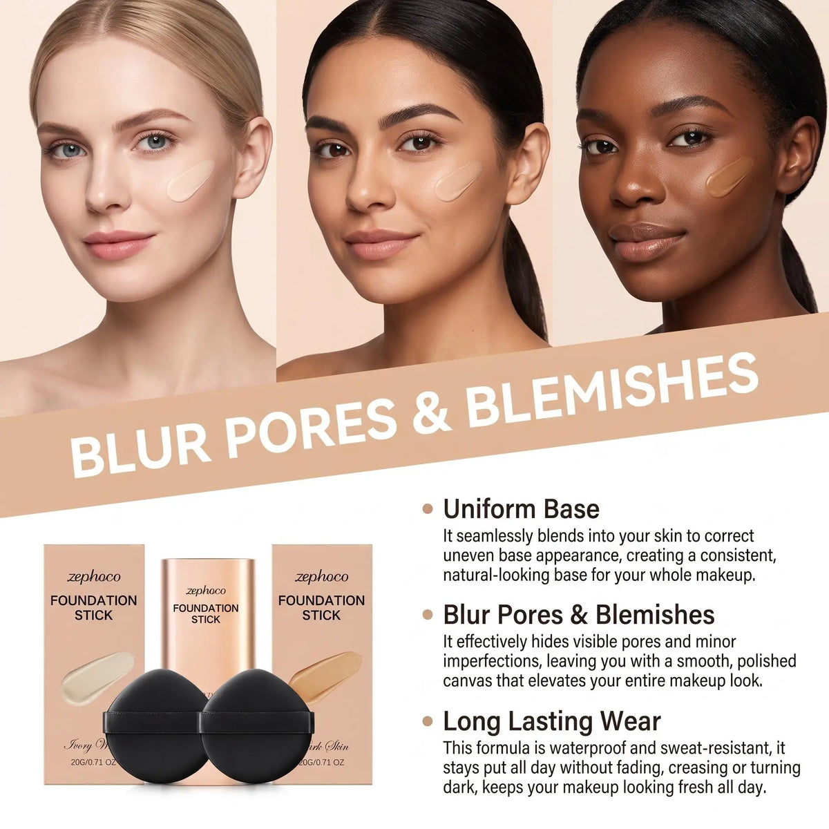Zephoco Concealer Foundation Stick Full Coverage Silky Texture Lightweight Waterproof Brightening Moisturizing Base Even Skin Tone Makeup