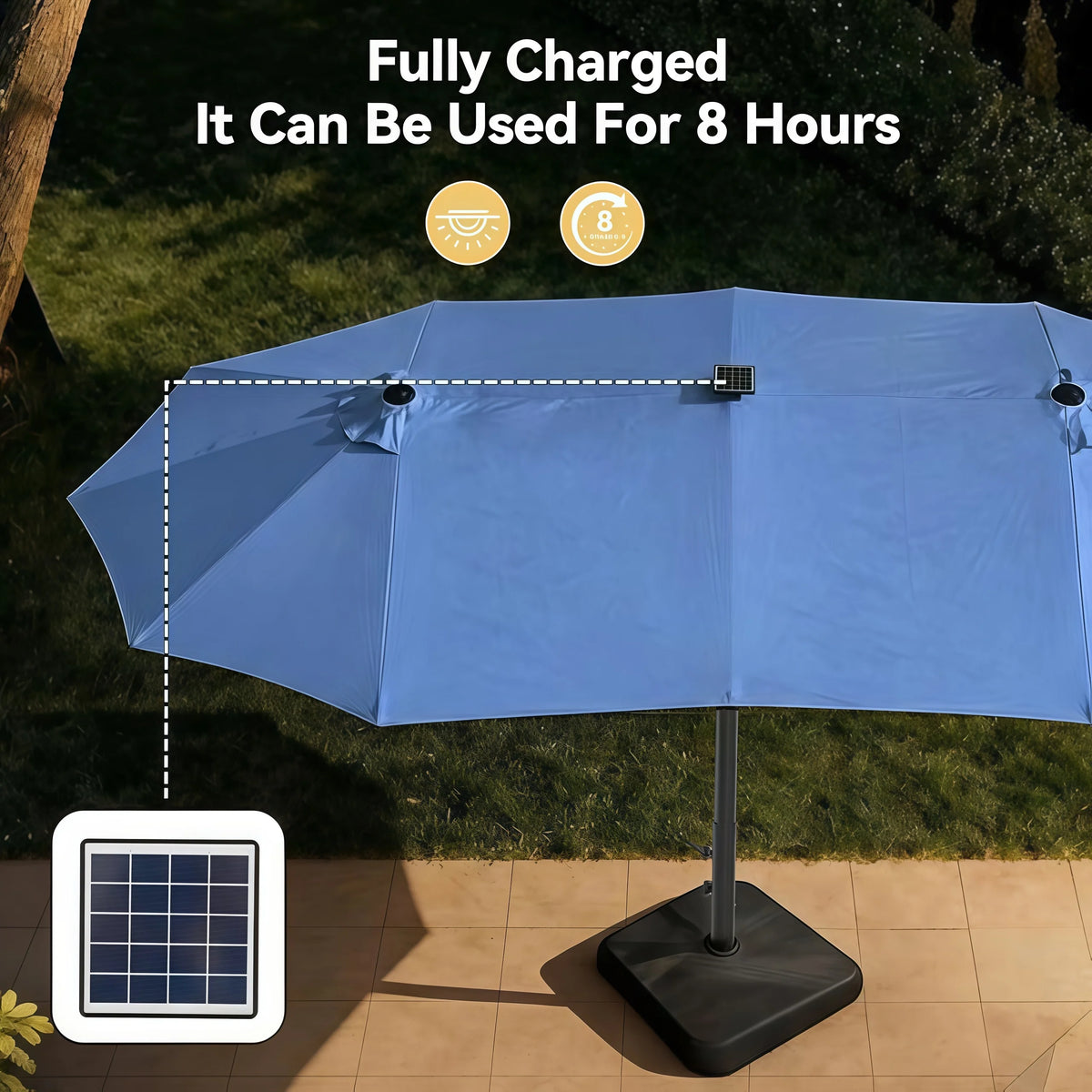 AOXUN Double Sided Patio Umbrella With Base And LED Lighting