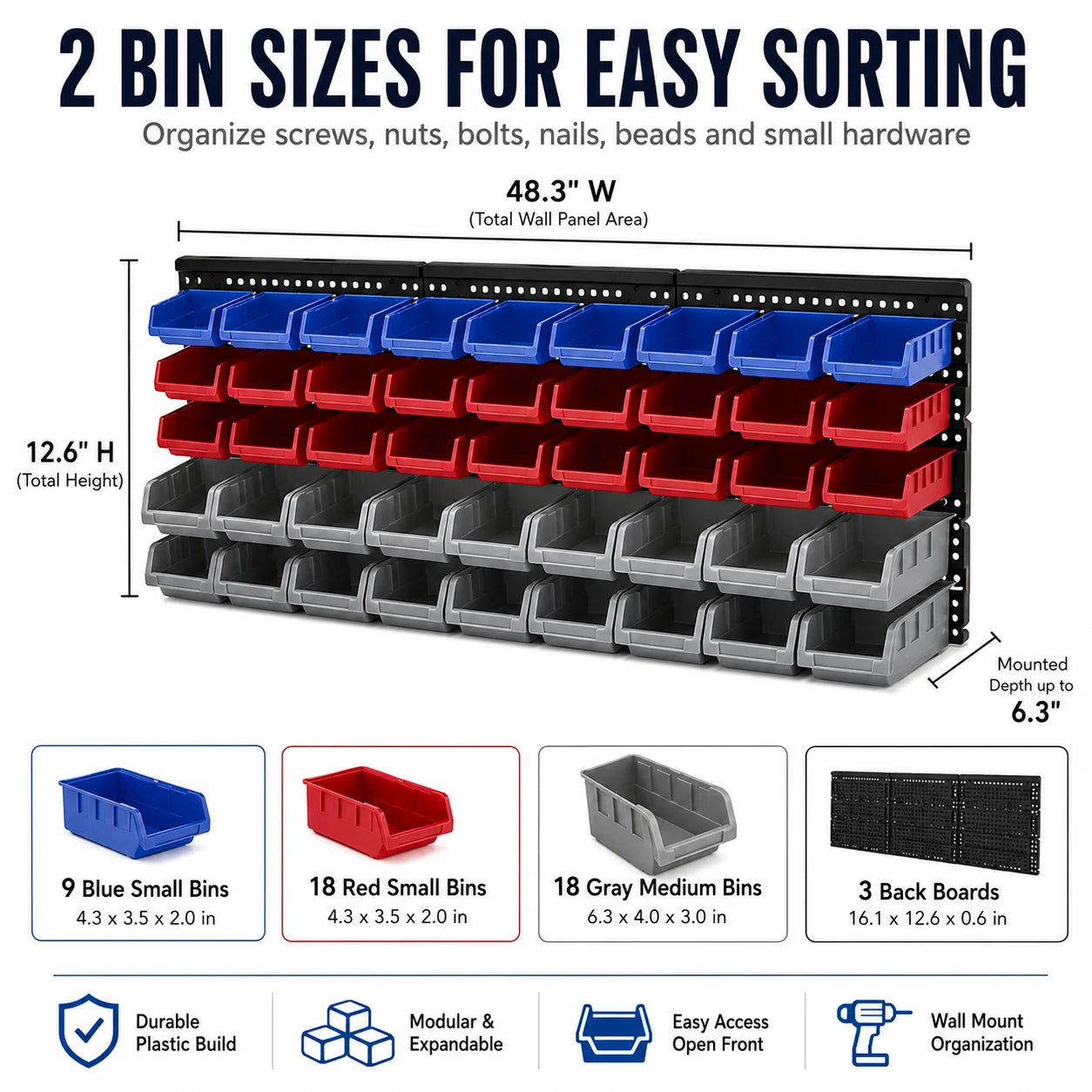 45 Bin Wall Mounted Storage Organizer for Garage and Workshop