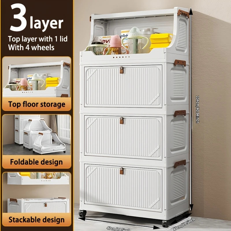 Onenoble Foldable White Storage Cabinet With Lockable Wheels