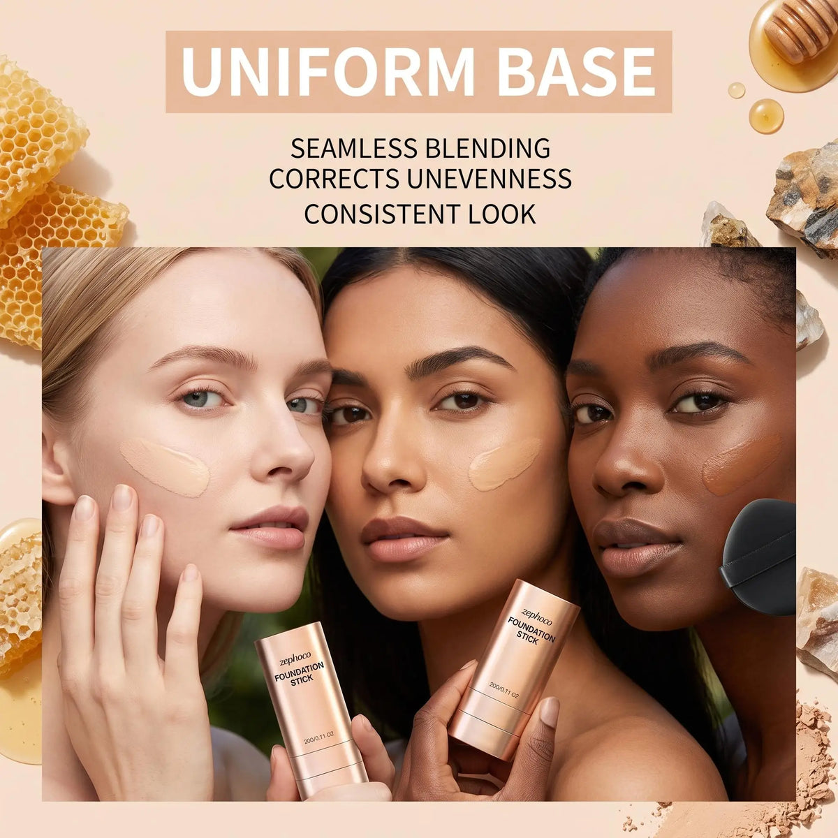 Zephoco Concealer Foundation Stick Full Coverage Silky Texture Lightweight Waterproof Brightening Moisturizing Base Even Skin Tone Makeup