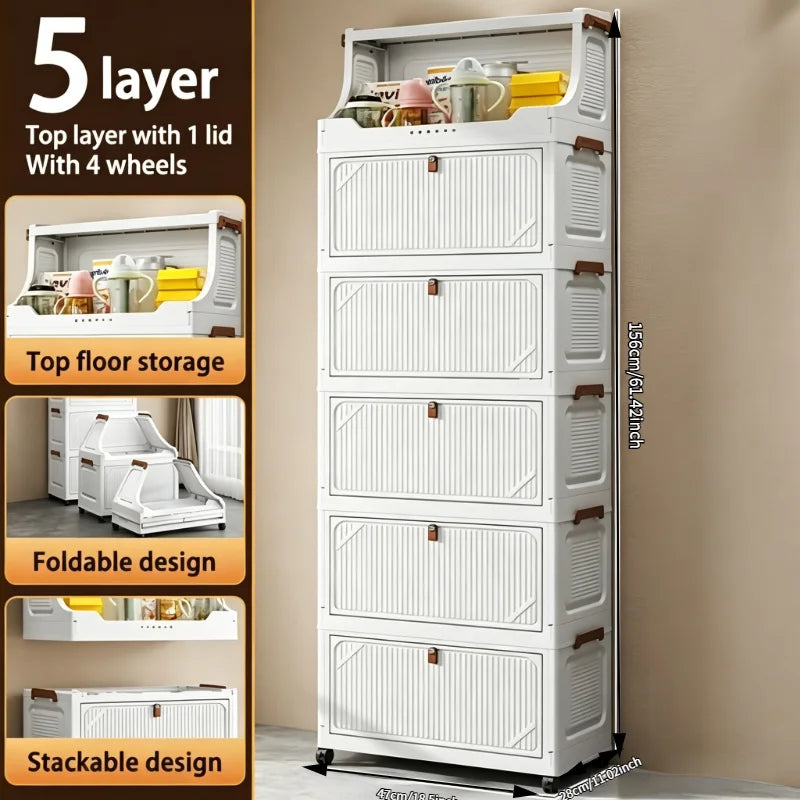 Onenoble Foldable White Storage Cabinet With Lockable Wheels