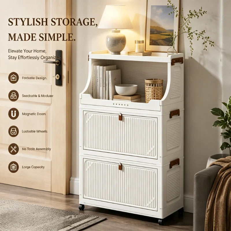 Onenoble Foldable White Storage Cabinet With Lockable Wheels