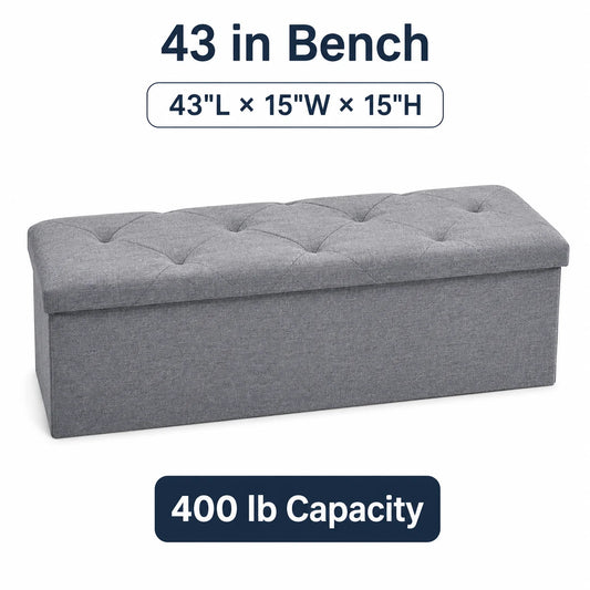 Folding Storage Ottoman Bench Gray Tufted Fabric Footrest