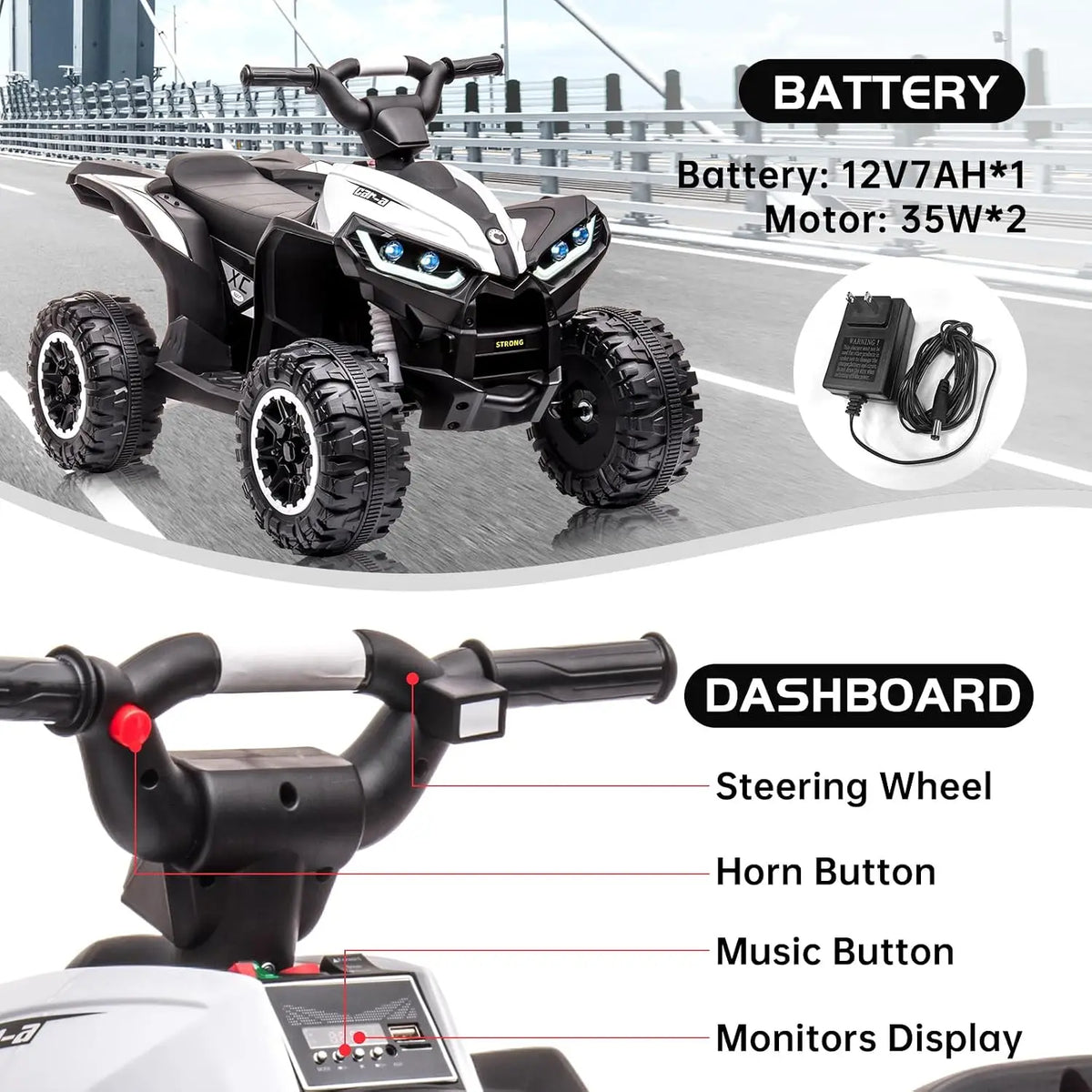 12V Kids ATV Ride‑On Toy, Dual 35W Motors, 7AH Battery & Charger, US Standard, Multi‑Color Optional Children Electric Quad Bike