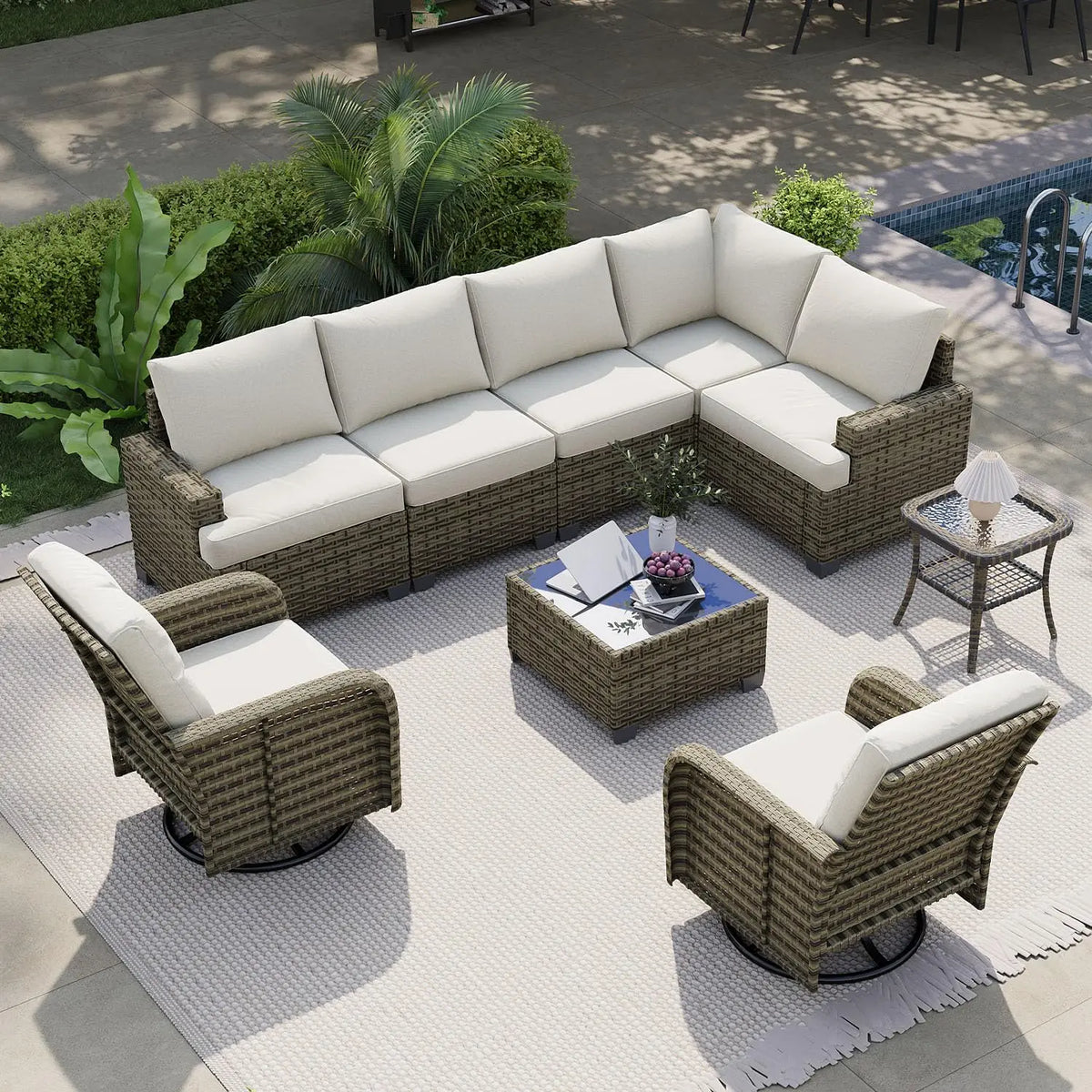 AOXUN Luxury Outdoor Rattan Sectional Sofa Set With Swivel Chairs