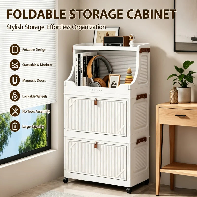 Onenoble Foldable White Storage Cabinet With Lockable Wheels