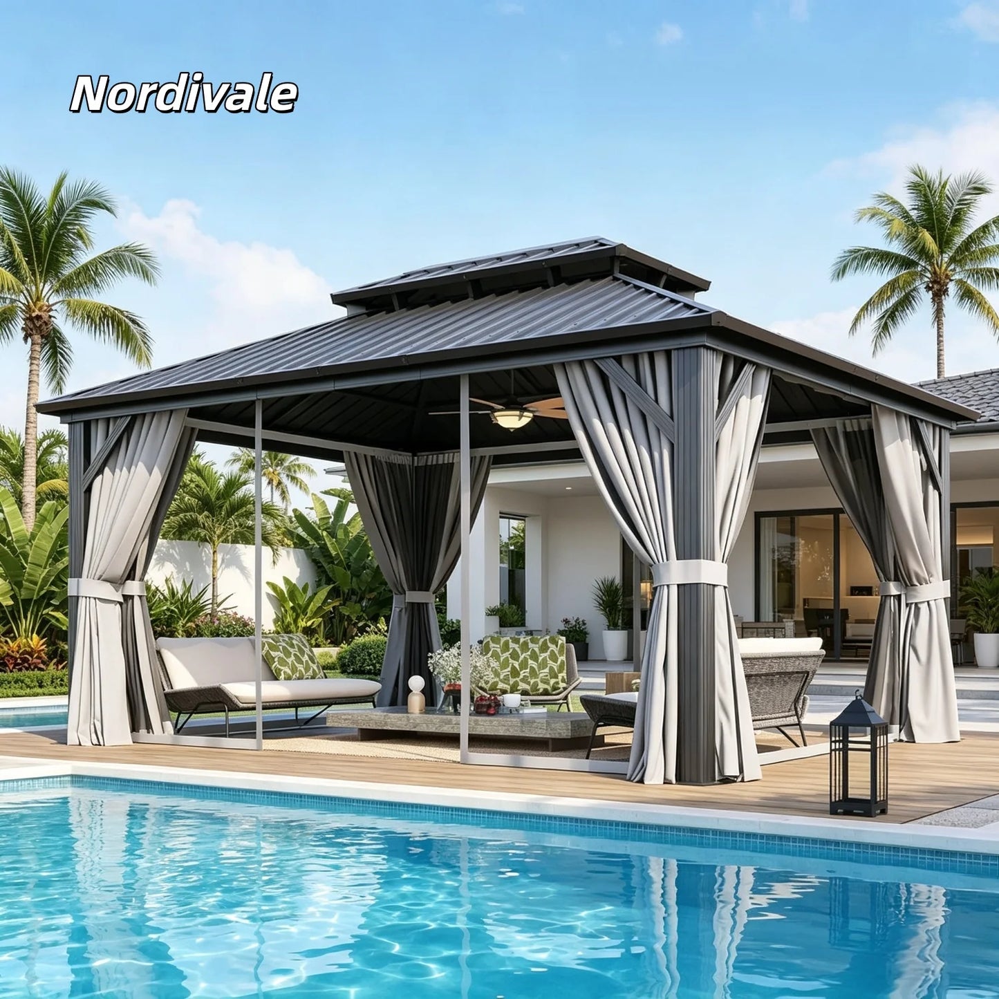 Nordivale Double Galvanized Steel Hardtop Gazebo With Netting For Patio