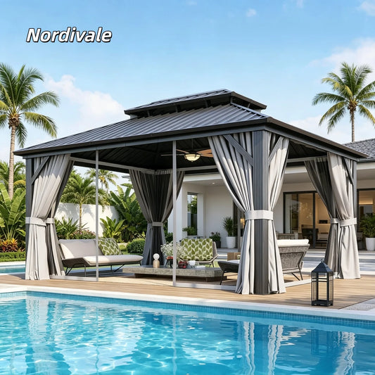 Nordivale Double Galvanized Steel Hardtop Gazebo With Netting For Patio