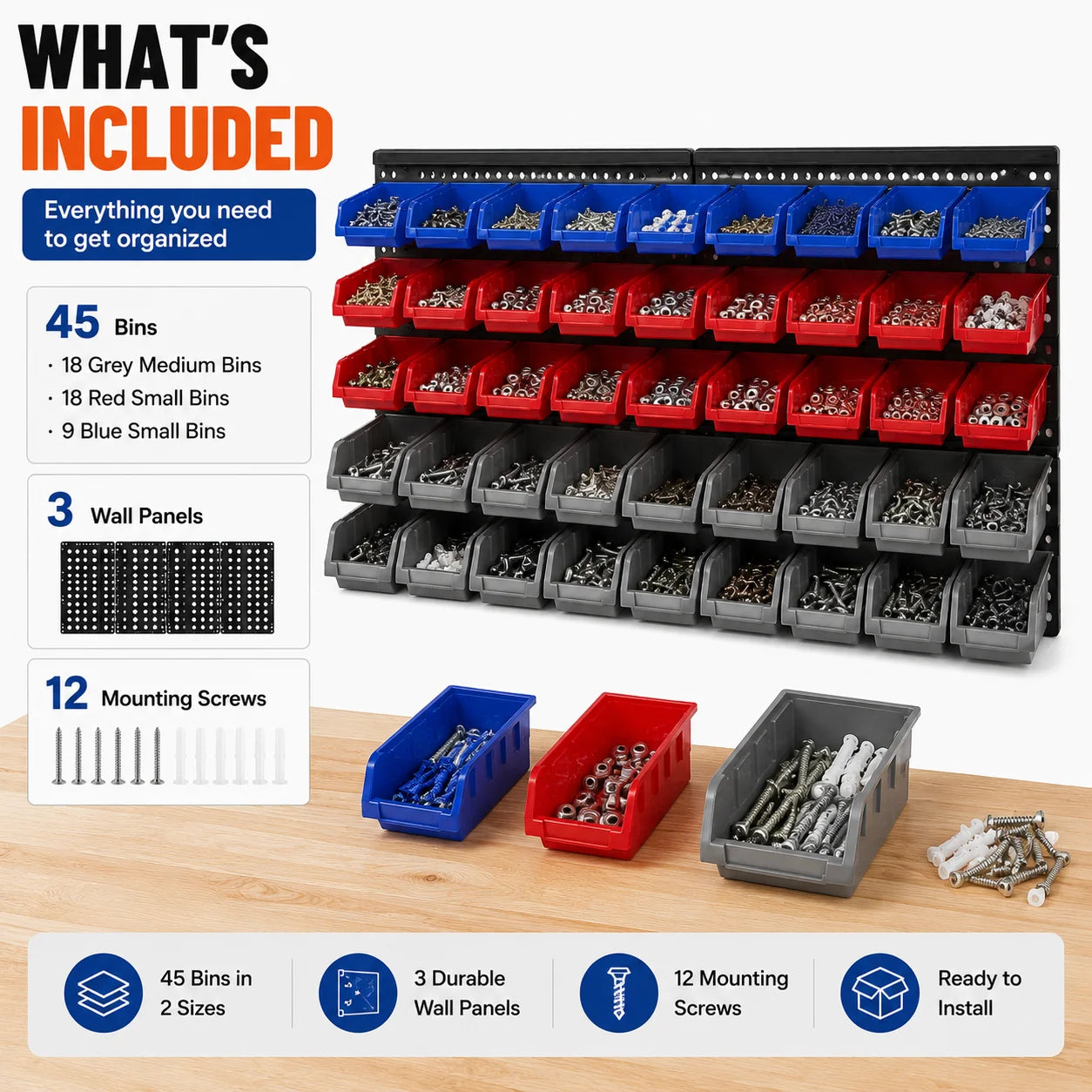 45 Bin Wall Mounted Storage Organizer for Garage and Workshop