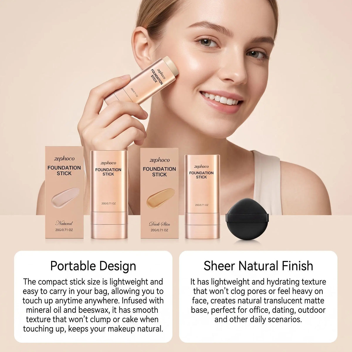 Zephoco Concealer Foundation Stick Full Coverage Silky Texture Lightweight Waterproof Brightening Moisturizing Base Even Skin Tone Makeup