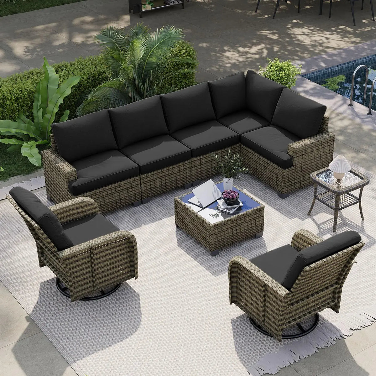 AOXUN Luxury Outdoor Rattan Sectional Sofa Set With Swivel Chairs