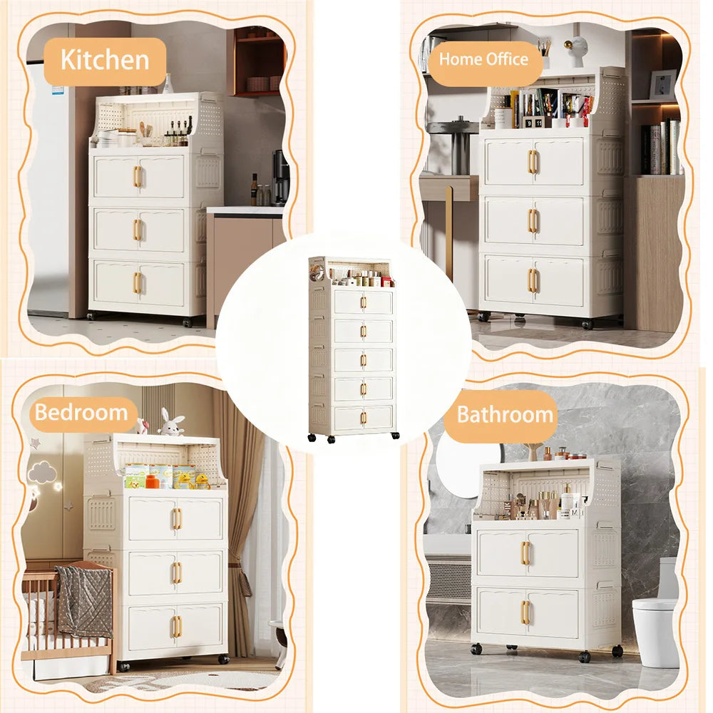 Foldable Storage Cabinet With Rolling Lockable Wheels