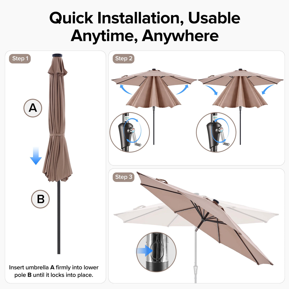 JHK Solar Patio Umbrella With LED Lights, Tilt And Crank