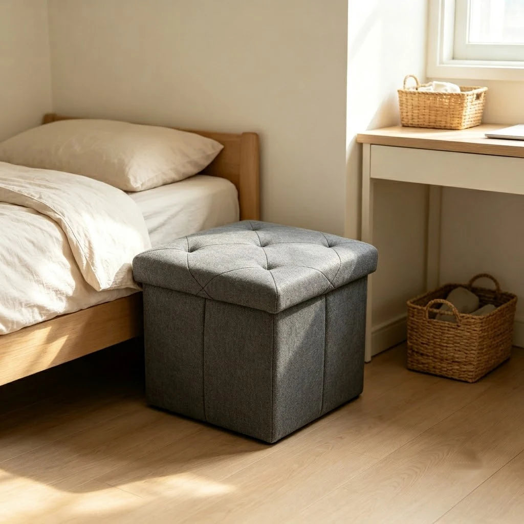Folding Storage Ottoman Bench Gray Tufted Fabric Footrest