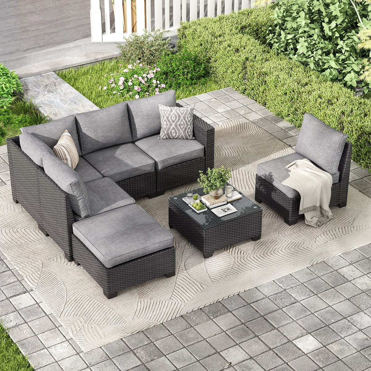 Outdoor Patio Sectional Sofa Set With Ottoman And Cushions