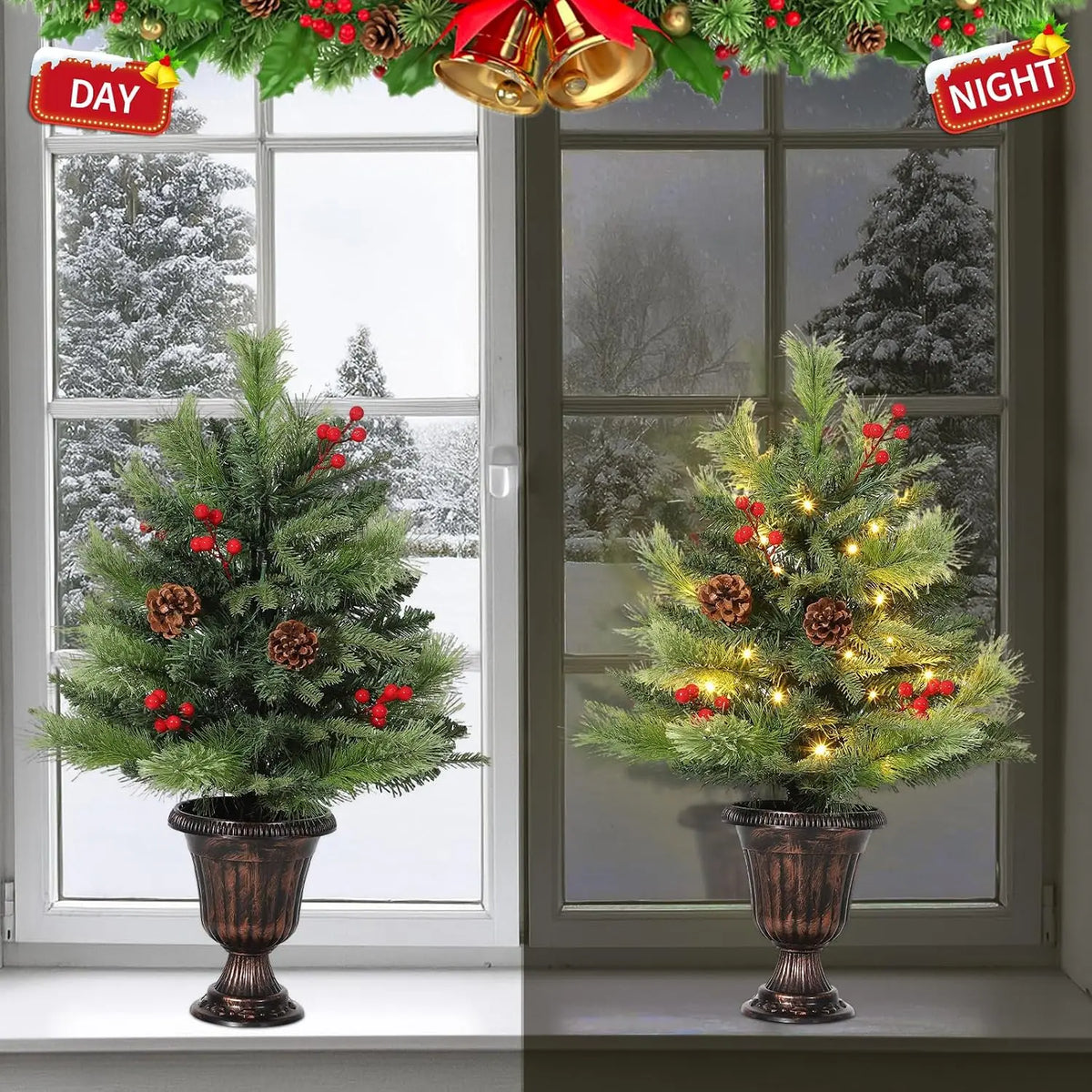 2FT Mini Tabletop Christmas Tree with 40 Warm LED Lights, Pine Cone & Red Berry – Artificial Pre-Lit Xmas Tree for Home Office Indoor Outdoor Decor