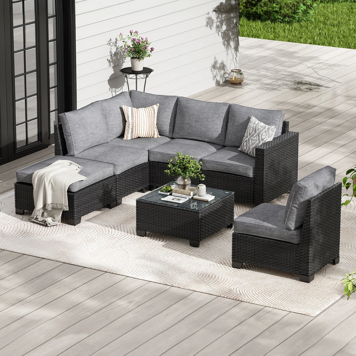Outdoor Patio Sectional Sofa Set With Ottoman And Cushions