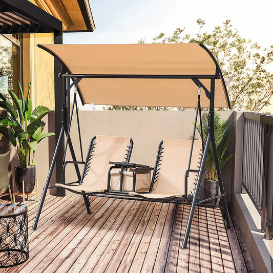 2-Person Outdoor Swing Chair, Suitable for Porch, Patio, Storage, Tray, Cup Holder, Beige Color