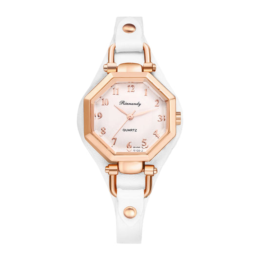 JewelryWe Ctagonal Leather Bracelet For Women Waterproof Analog Quartz Watch