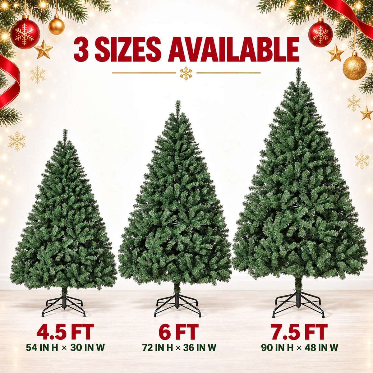 Artificial Christmas Tree 4.5FT 6 FT 7.5FT Unlit Green Spruce Tree with 1450 Realistic Branch Tips Hinged Metal Trunk Collapsible Stand Carry Bag Holiday Decor