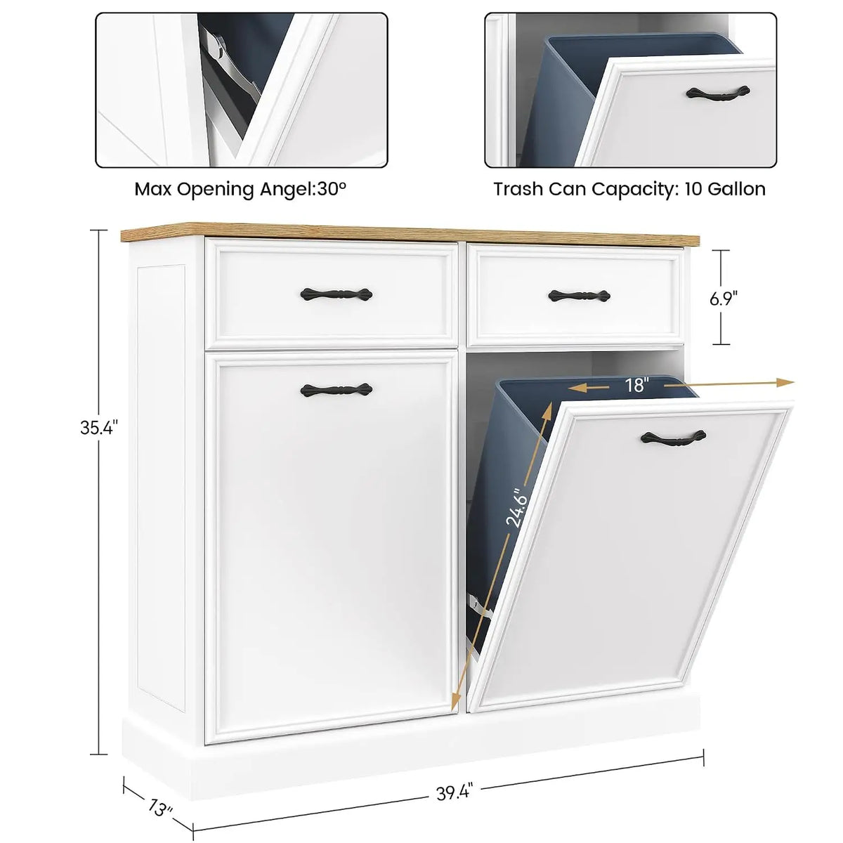 Double Tilt Out Trash Can Cabinet with Storage Drawer 20 galon, Hidden Trash Storage Cabinet, Freestanding White Garbage Can Cabinet, Pet Food Storage, for Kitchen Dining Living Room