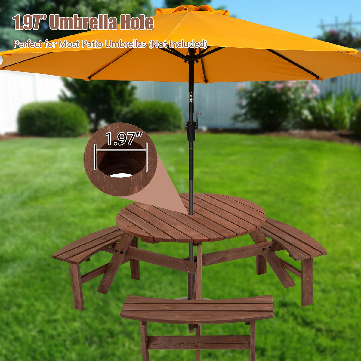Solid Acacia Wood Round Outdoor Picnic Table With Curved Benches