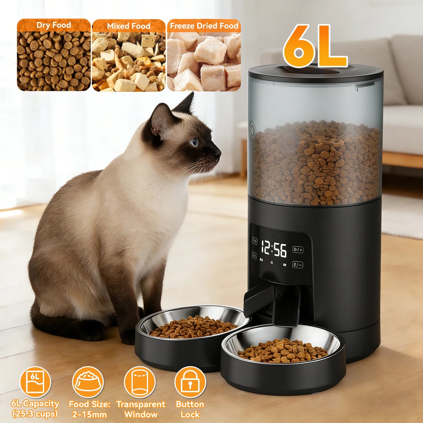 Automatic Pet Feeder With Stainless Steel Bowls And Timer