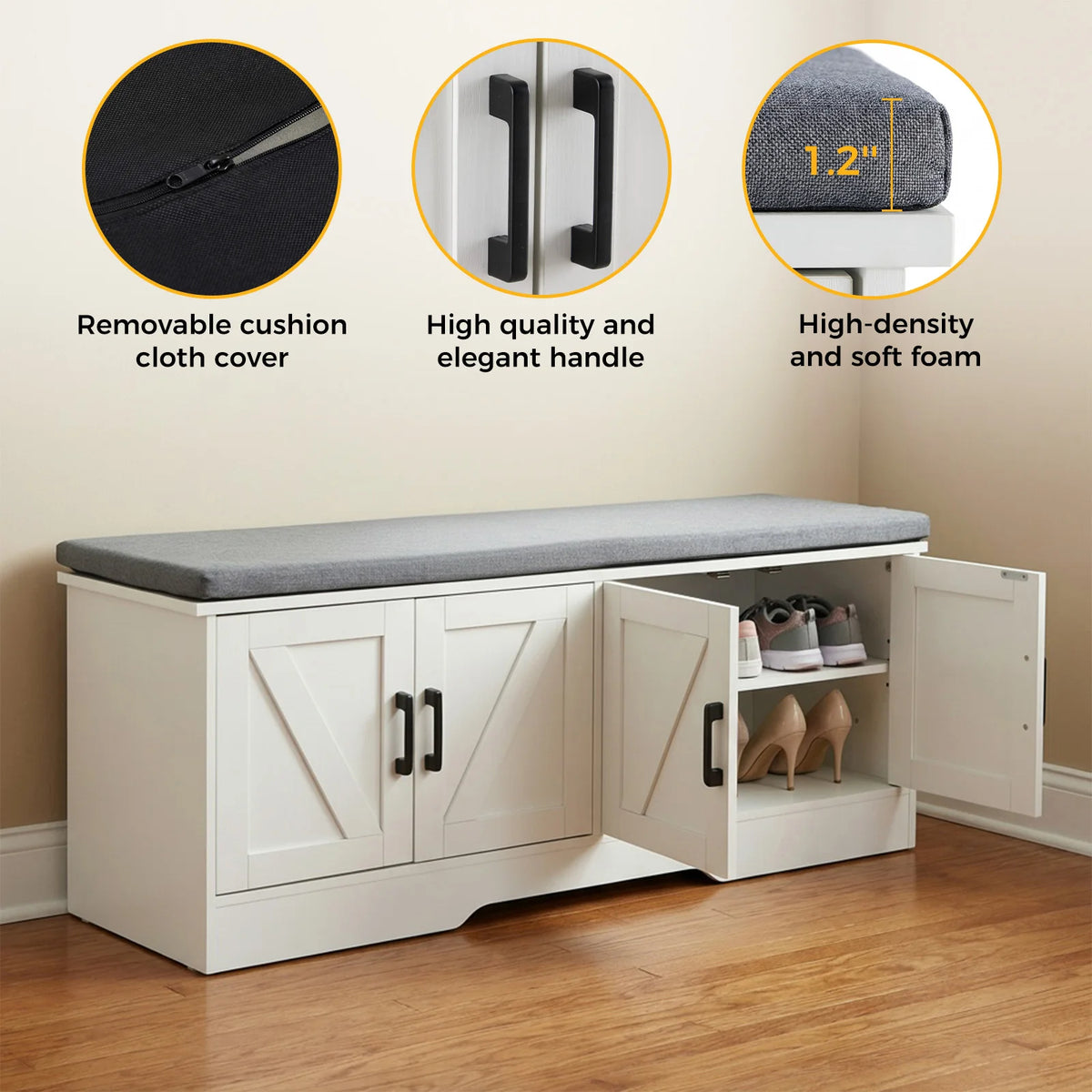 JHK Storage Bench Shoe Organizer With Padded Seat And Doors