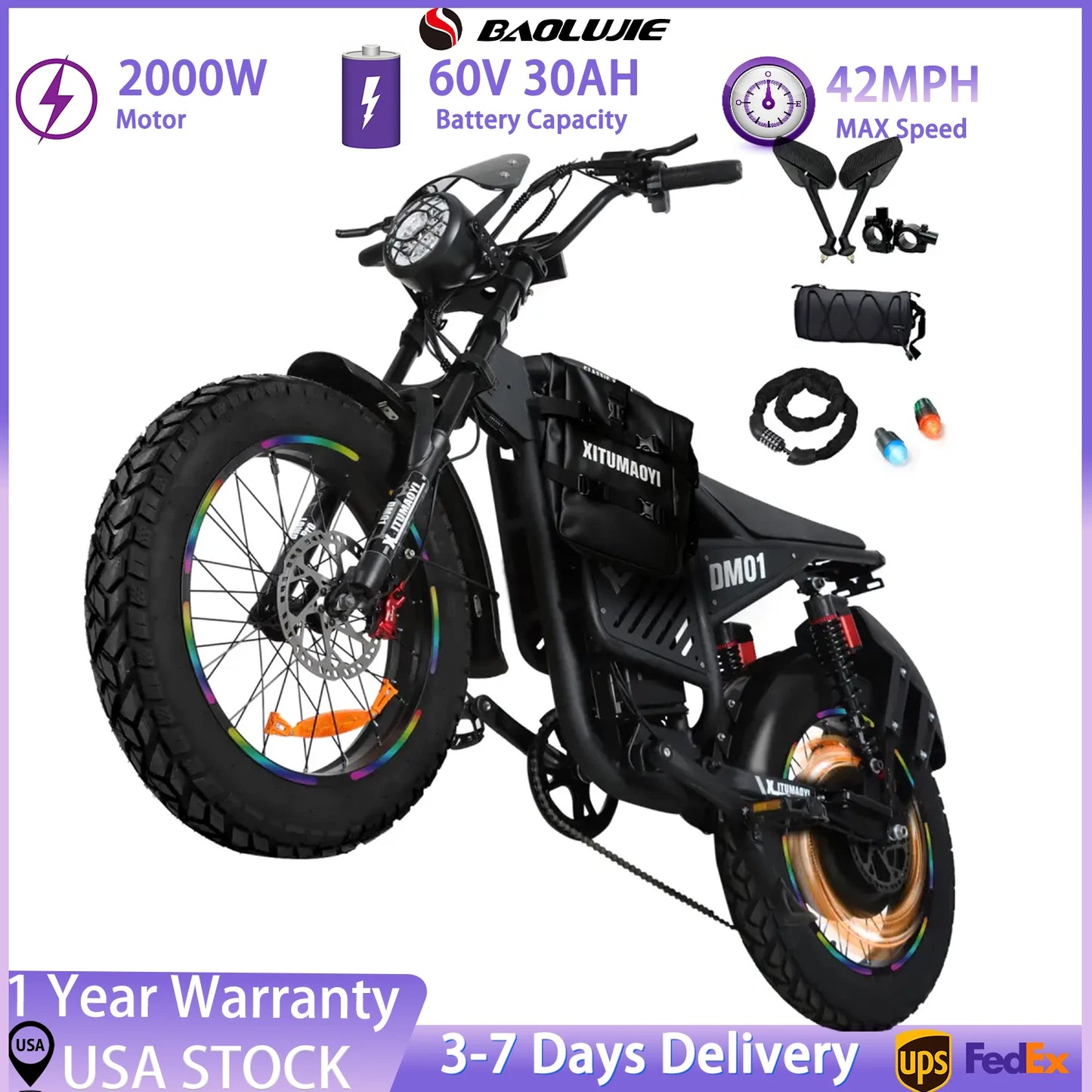 Baolujie DM01 Electric Bicycle 60V 30Ah Battery 42 MPH