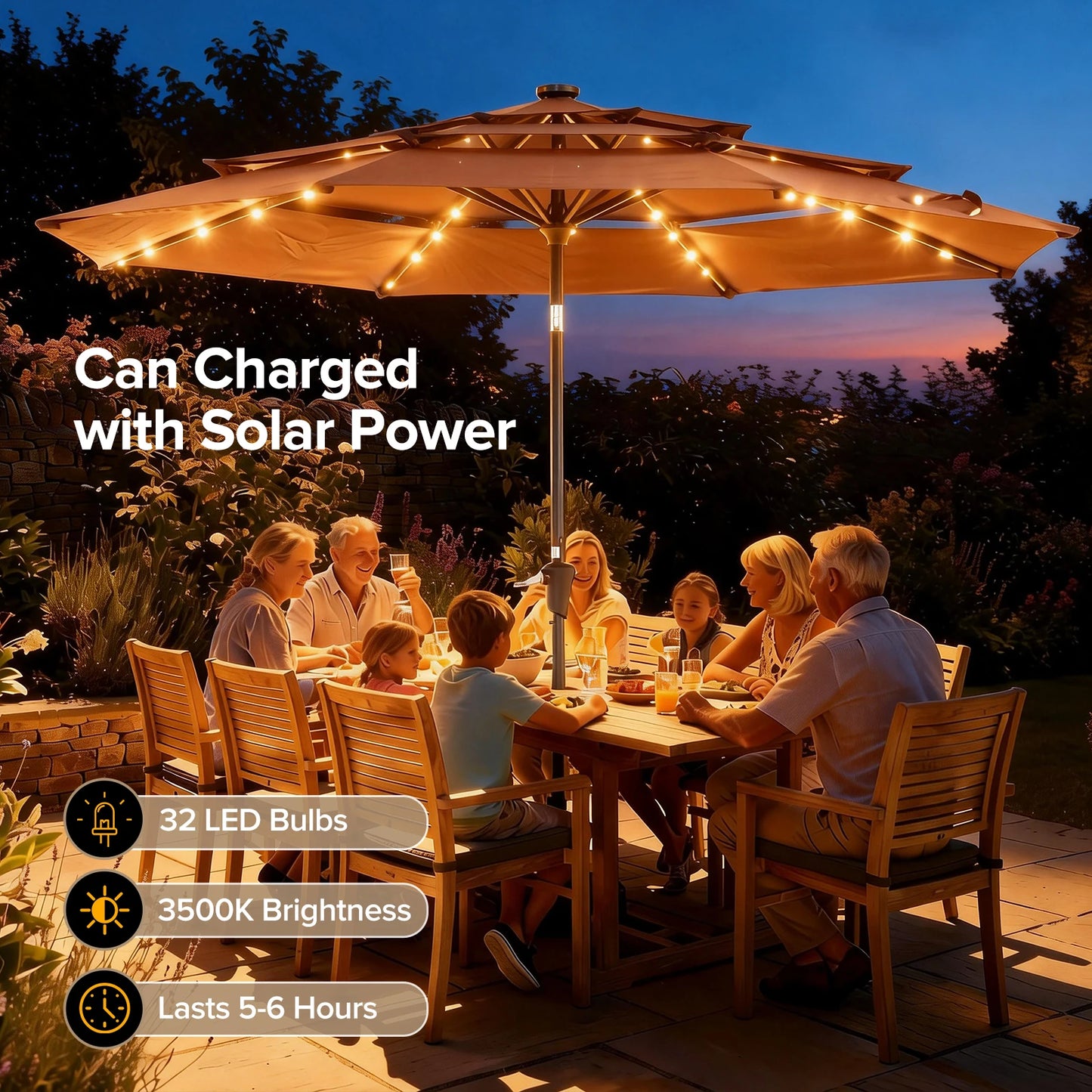 JHK 3-Tier Outdoor Patio Umbrella With 32 LED Lights