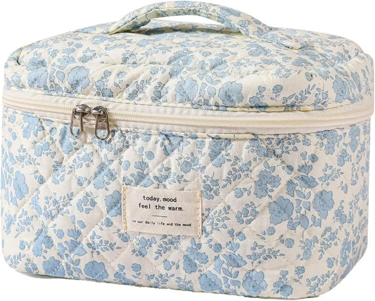 Quilted Floral Travel Makeup Bag Cotton Cosmetic Organizer