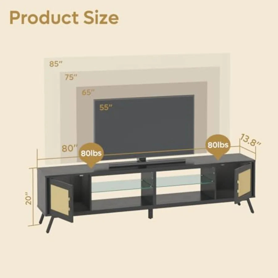 80 Inch Black Rattan TV Stand with Storage for 85 Inch TV, 4-in-1 Mid Century Modern Entertainment Center with LED Lights, Door