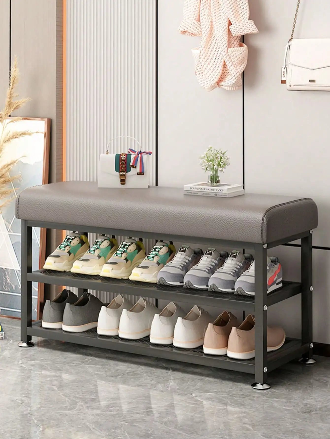 Storage Bench With Cushioned Seat And Metal Frame Shoe Organizer