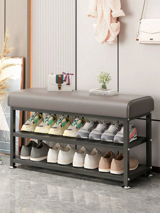 Storage Bench With Cushioned Seat And Metal Frame Shoe Organizer