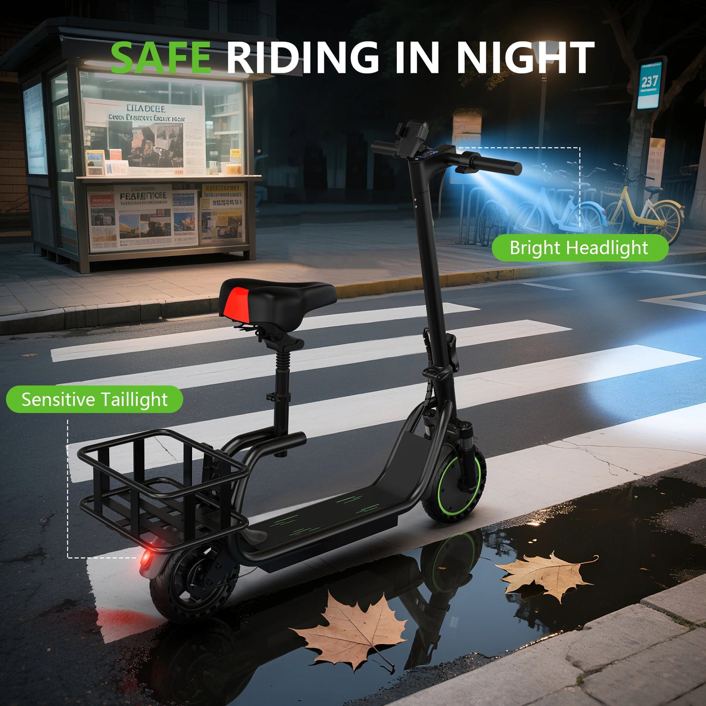 AOVOPRO Maxshot Electric Scooter With Seat And Basket Top Speed 19MPH