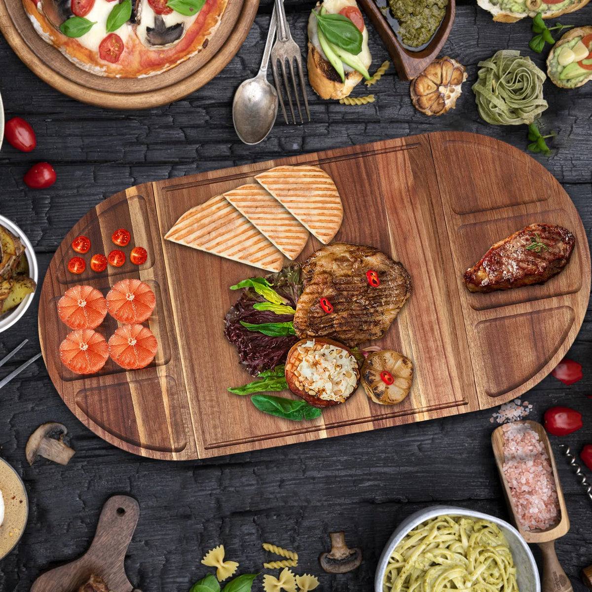 Aliilee Acacia Wood Charcuterie Serving Tray With Grooves